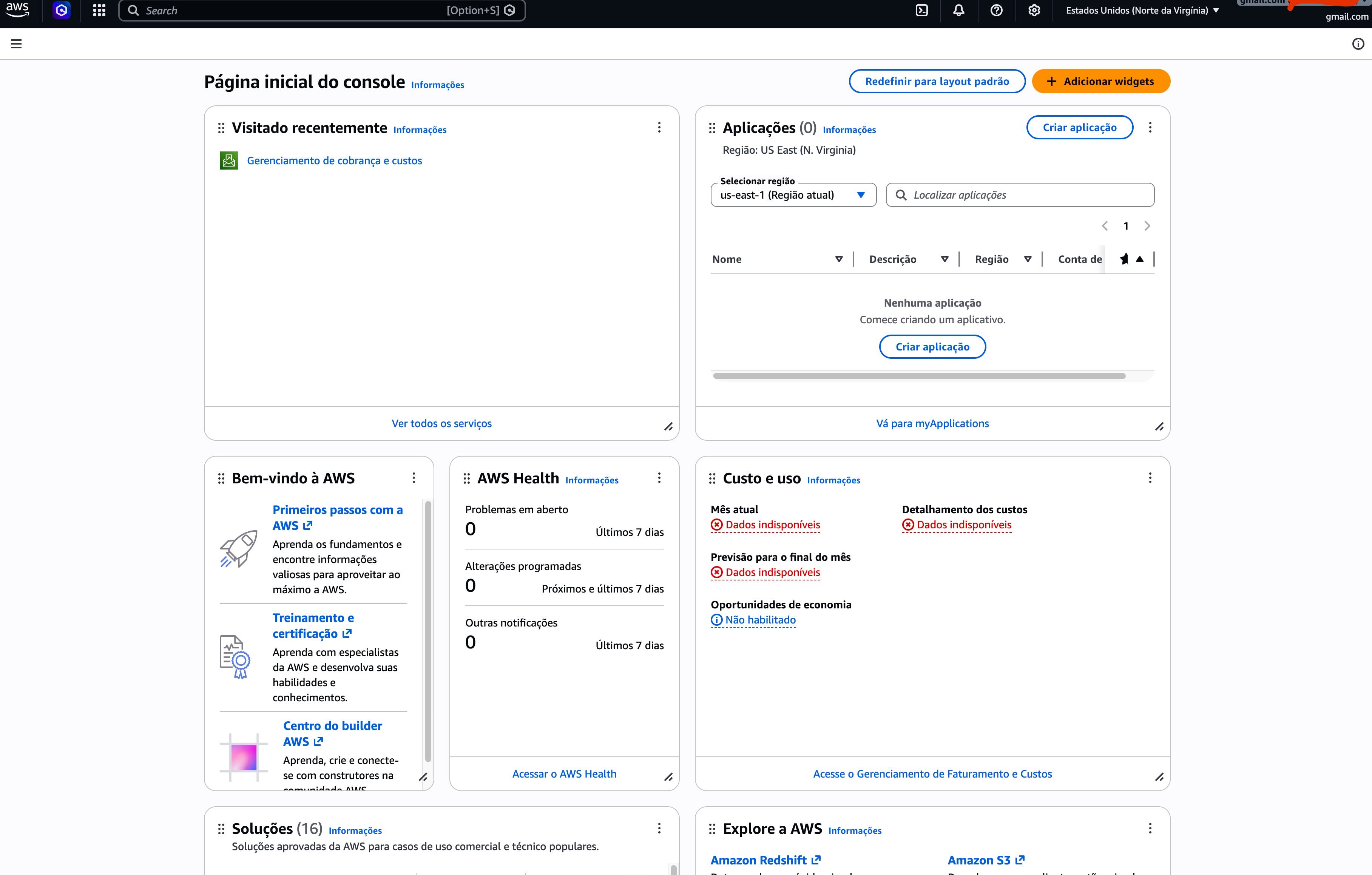 Imagem do console AWS após criação de conta