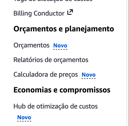 Imagem do menu lateral do console AWS com destaque para a opção "Budgets"