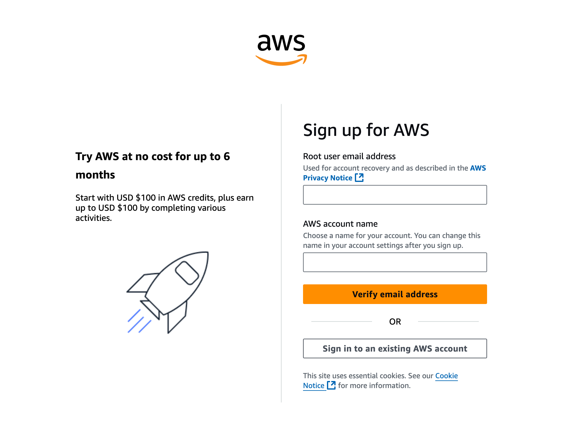 Imagem do formulário de criação de conta AWS