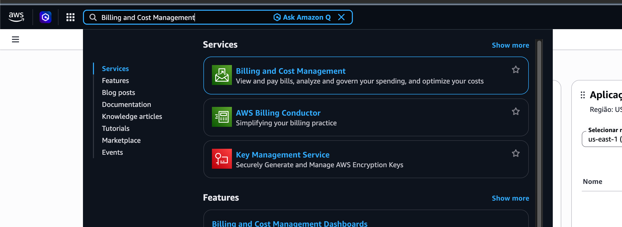 Imagem do console AWS com destaque para a barra de busca e o resultado "Billing and Cost Management"