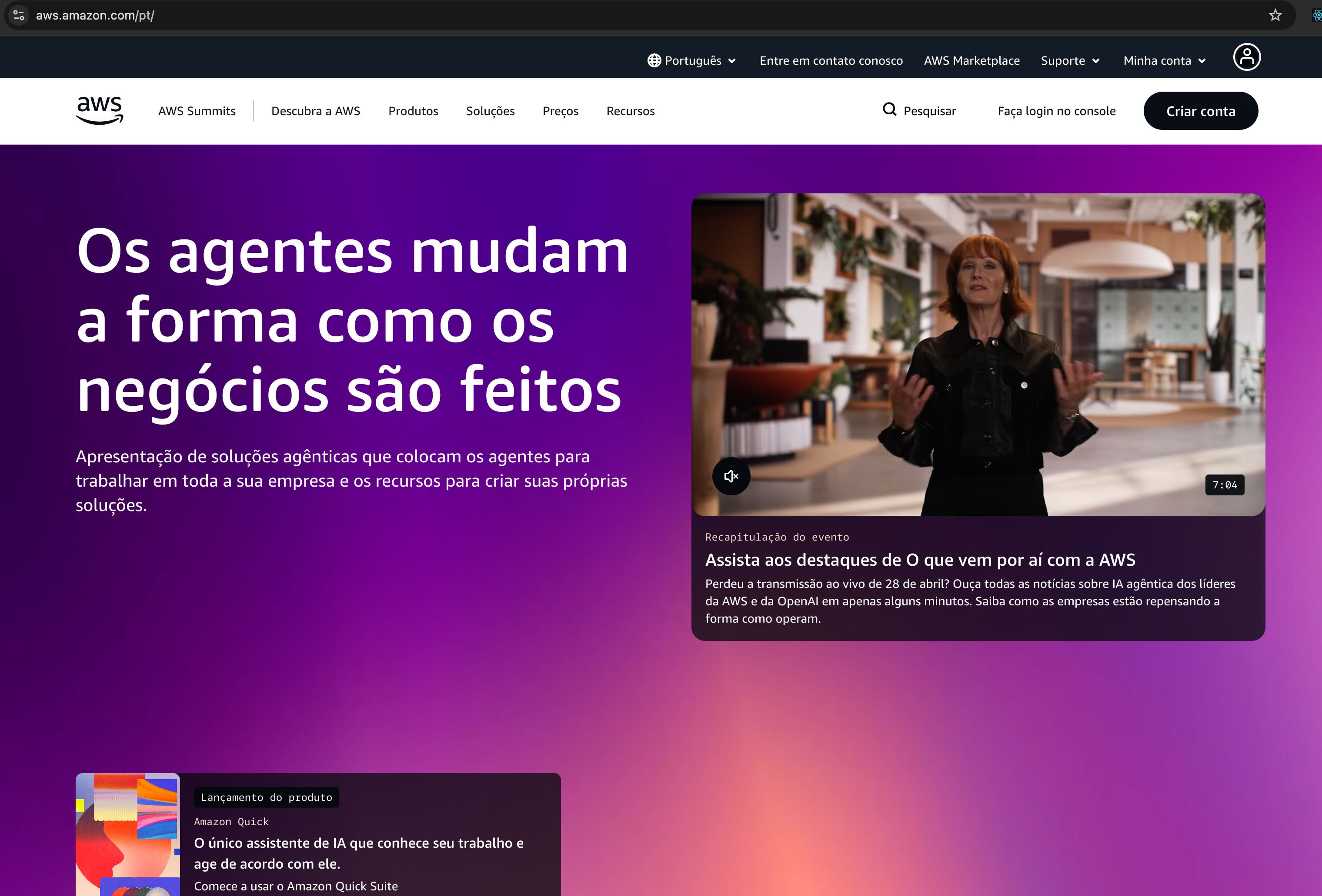 Imagem do site da AWS com destaque para o botão "Create an AWS Account"
